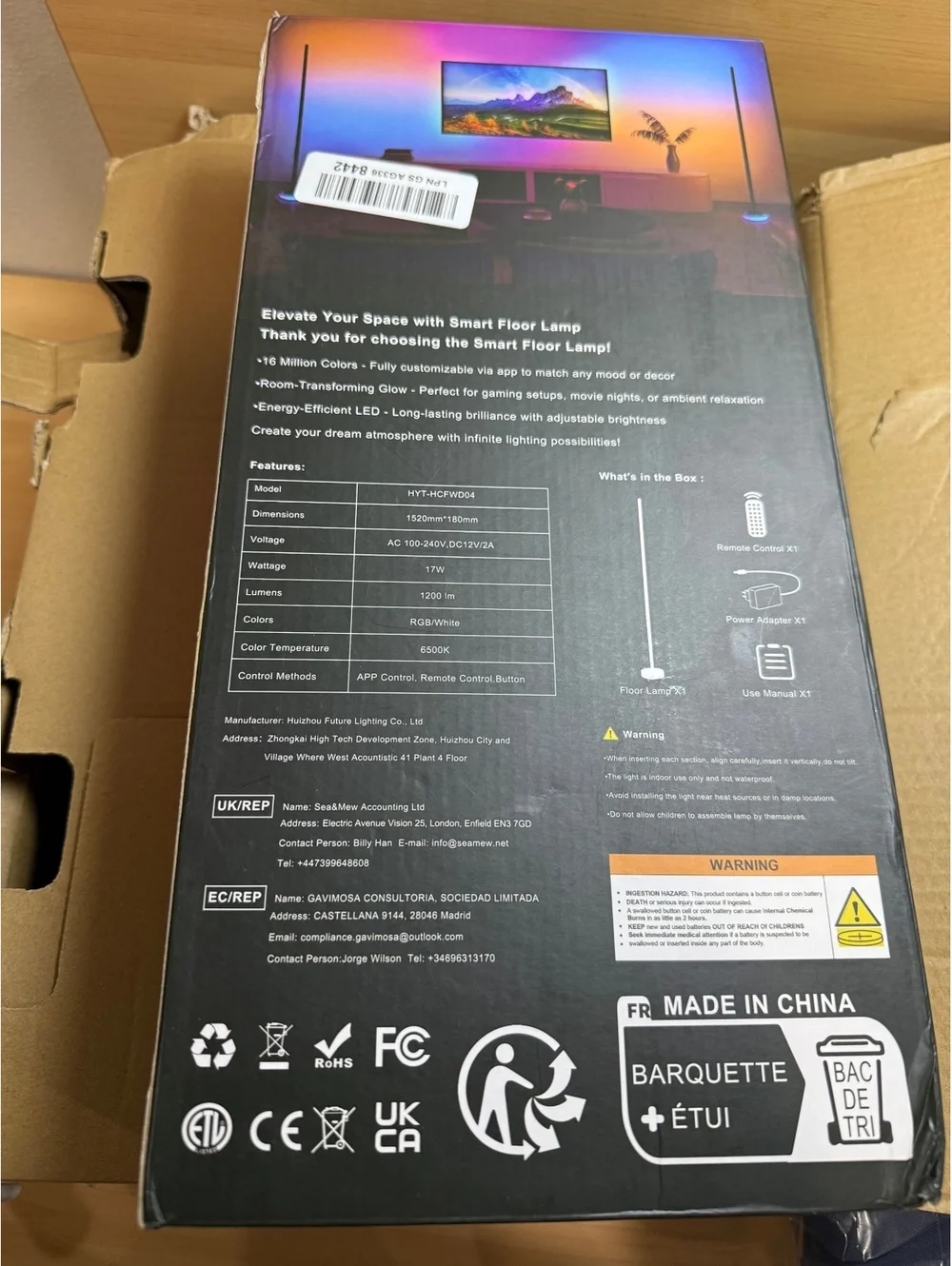 Wfiia 59” Smart RGBICW LED Corner Floor Lamp App Remote Music Sync 1200LM